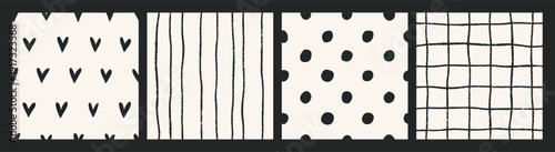 Collection of four distinct seamless patterns with abstract hearts, stripes, and polka dots on light background