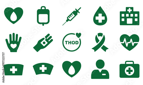 Green Medical Icons Set Including Heart, Syringe, Hospital and and First Aid Kit