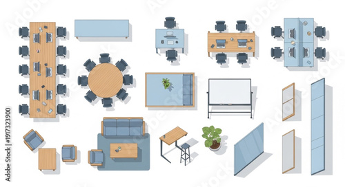 Collection of office furniture and meeting room elements seen from above.