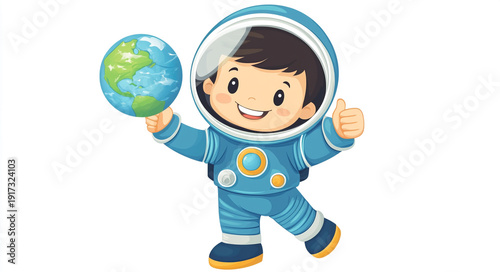 A cartoon boy in a blue astronaut suit holding the Earth