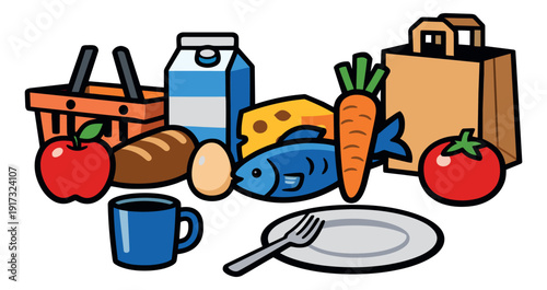 Cartoon line art grocery items set featuring fresh produce, dairy, fish, bread, and shopping essentials for market shopping and healthy eating