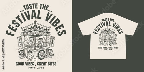 Cute Japanese street food stall illustration featuring a traditional yatai booth with kawaii cartoon characters. Clean line art style with retro and minimal look, perfect for t-shirt prints