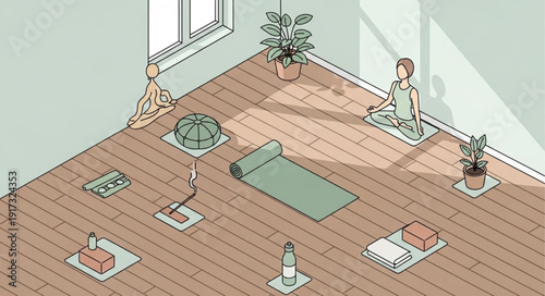 Illustration of a yoga studio with mats and plants.