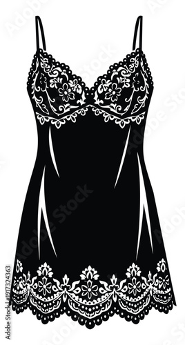 Line art illustration of a lingerie slip depicting delicate lace details for intimate apparel fashion