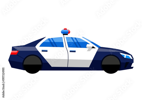 Police car illustration with flashing lights on a plain background viewed from the side