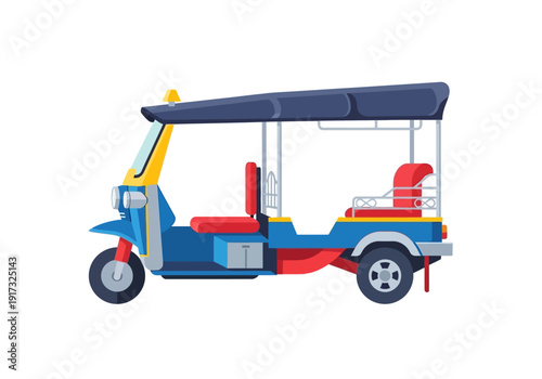 Colorful Tuk Tuk Vehicle Illustration with Open Sides and Canopy for Tourist Transportation