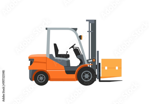 Forklift lifting a pallet in a warehouse setting viewed from the side