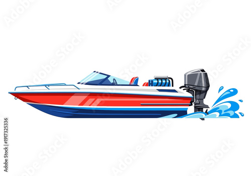 Speedboat accelerating on calm waters, viewed from the side with water splash and motor visible