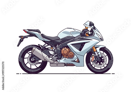 Racing motorcycle illustration viewed from the side showcasing its sleek design and powerful engine components in a clean white environment