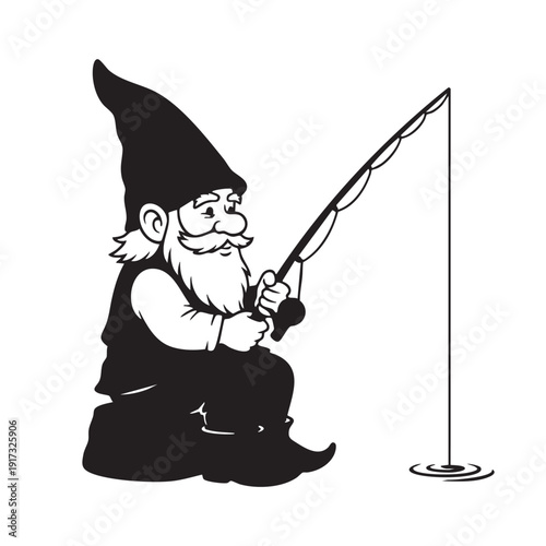 Cute garden gnome fishing with a rod and line, sitting by water, vector illustration. This whimsical character with a pointy hat and long beard enjoys a peaceful outdoor hobby, isolated on white.