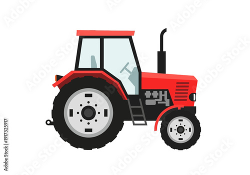 Red tractor illustration on a plain background viewed from the front side showcasing agricultural machinery