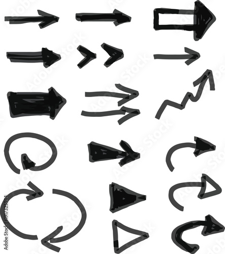 Black arrows with a hand-drawn style and brush marker texture. Flat vector illustration, isolated on white, ideal for creative projects and design use.