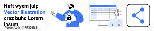 Data protection, cybersecurity, financial management, online sharing, digital security, and technology. Person holding a shield lock, spreadsheet with calculator and sharing icon. Data security
