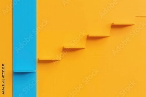 Abstract 3d rendering of ascending steps or stairs against a vibrant yellow wall with a contrasting blue vertical stripe, symbolizing progress and growth
