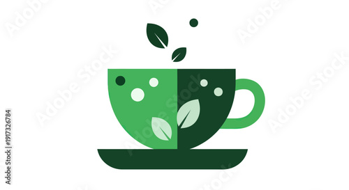 Green tea cup with leaves and bubbles