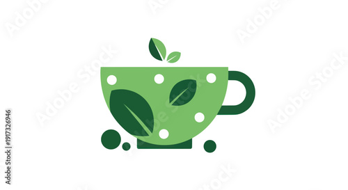 Green teacup with leaf decorations on white