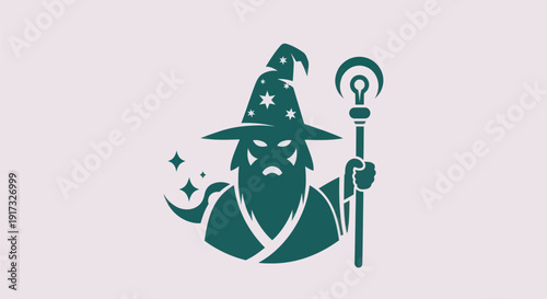 Green wizard logo with magic staff and stars
