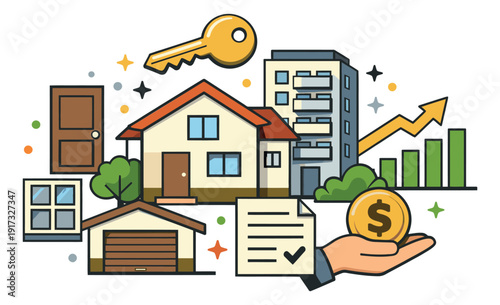 Modern line art real estate set featuring houses, a key, contract, money, and a growth chart for property investment