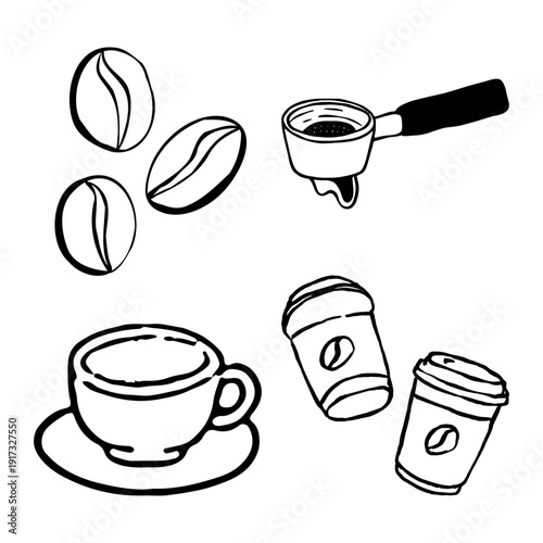 Coffee beans and coffee cup illustration on a clean background from a straightforward viewpoint