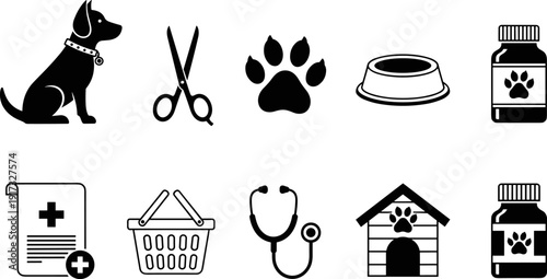 Pet care icon set, dog, grooming scissors, paw, food bowl, veterinary medicine, clinic equipment vector illustration isolated black design bundle