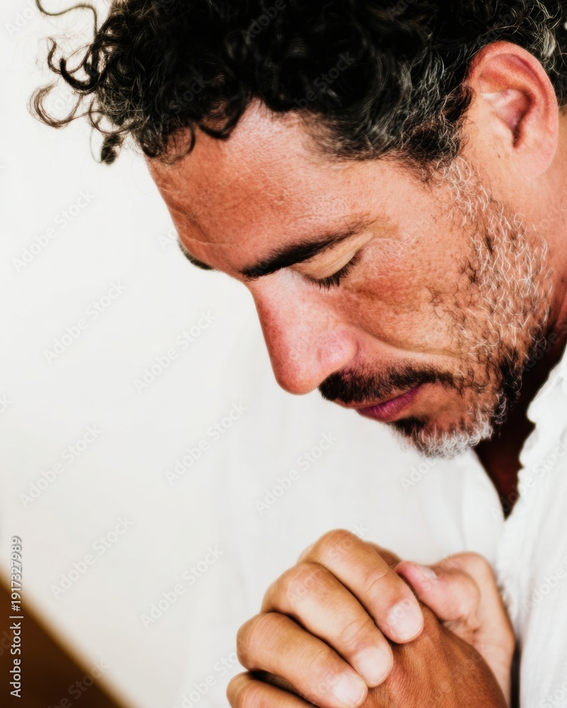 Obraz premium Man in Prayer Seeking Divine Comfort and Mental Health Support, Deeply Emotional Worship in a Bright Indoor Setting for Spiritual Faith and Religious Social Media Content