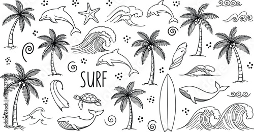 Summer beach surfing elements, tropical palm trees ocean waves dolphins whales sea turtles, cad drawing flat vector illustration, holiday vacation travel,