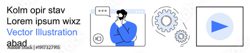 Problem solving, technology, workflow, innovation, user experience, process automation. A thoughtful person, gears and a play button icon. Problem solving and technology concept