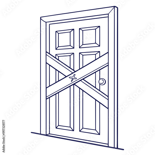 Boarded Up Door with X Shape Planks, Line Art Illustration