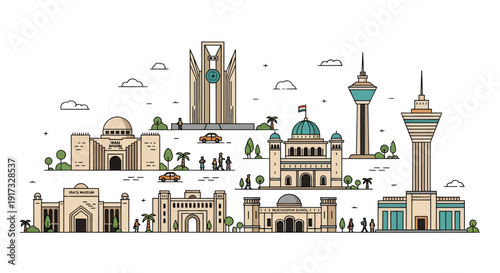 Stylized panorama featuring iconic landmarks and architectural designs in Baghdad, Iraq