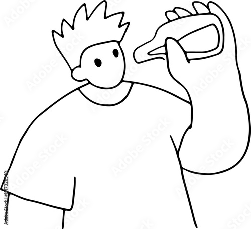 A young man holds a bottle of liquid in his hands and wants to drink, in memphis style, hand drawn with black, curved grunge lines