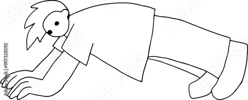A young man in a T-shirt doing push-ups in memphis style, full size, hand drawn with black, curved grunge lines