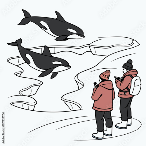 Two people watching orcas swimming in icy waters whale
