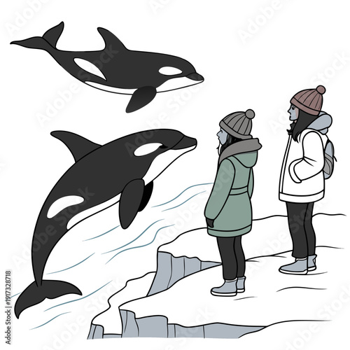 Two women watching orcas on snowy cliff whale winter clothing