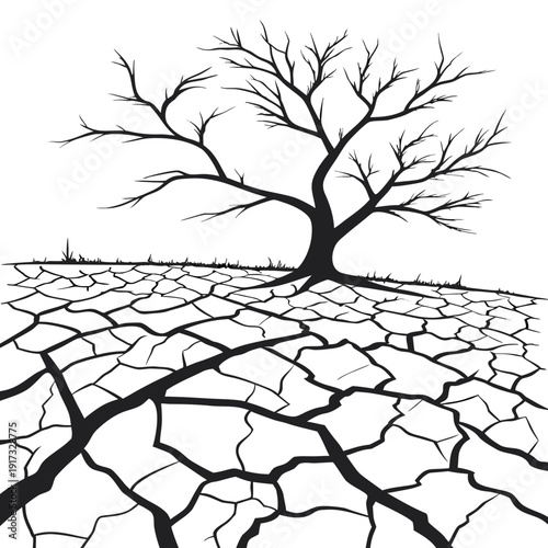 Barren tree on cracked dry earth cracked earth dry land