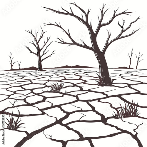 Desert landscape with cracked earth and bare trees