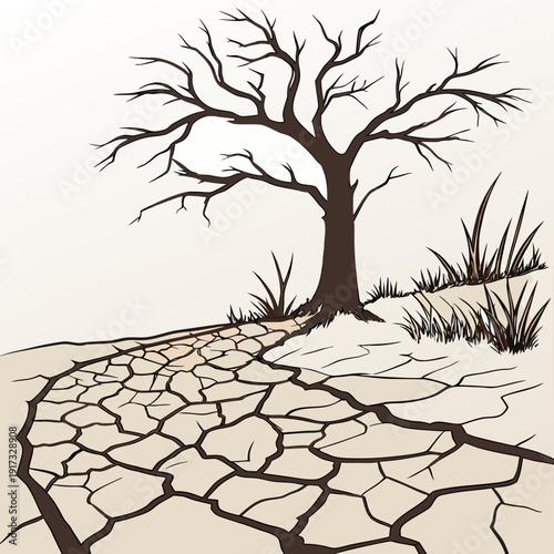 Desertified landscape with bare tree and cracked dry earth
