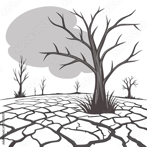 Monochrome of barren tree on dry cracked earth desert