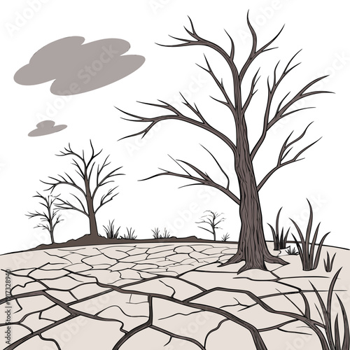 Dry cracked earth with bare trees and gray clouds desolate landscape