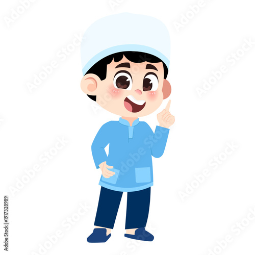 Muslim Boy Character Pointing Up Having Idea