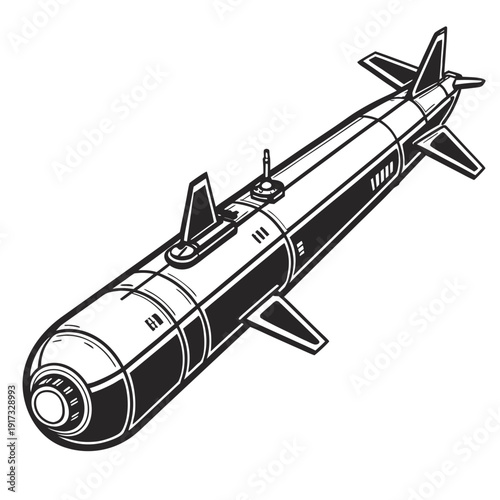 Black and white submarine with fins and conning tower