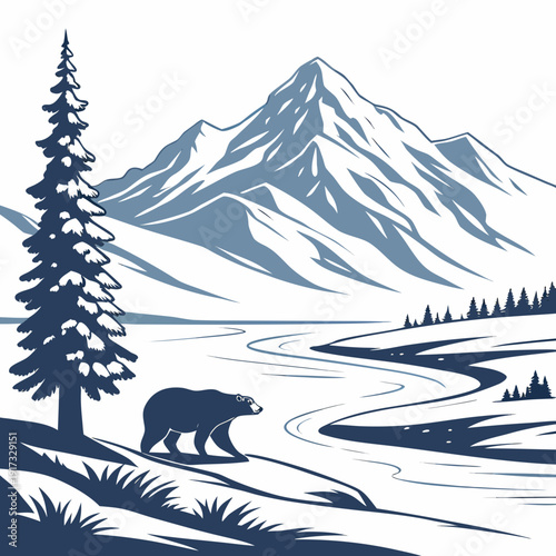 Blue bear walking beside snowy mountain river tree