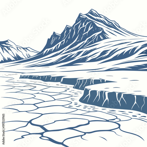 Blue and white of a mountain range with a dry lakebed