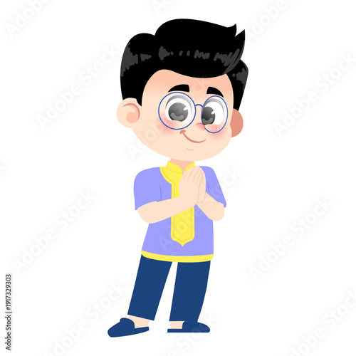 Muslim Boy Wearing Glasses Welcome Pose