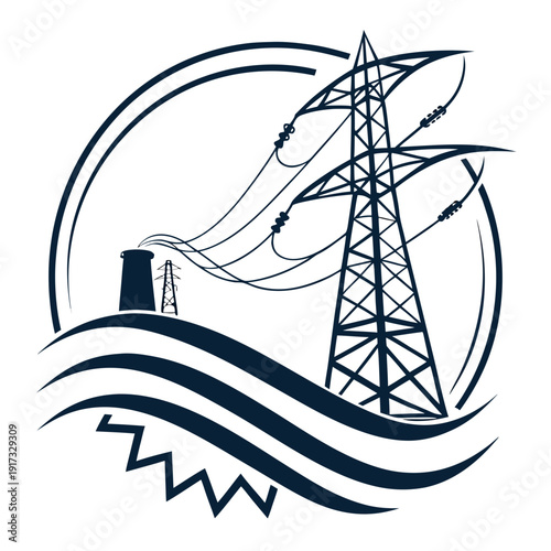 Electric power transmission tower with cooling tower and power lines