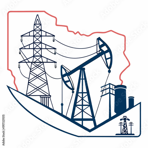 Energy infrastructure in a state shape with power lines and oil rigs