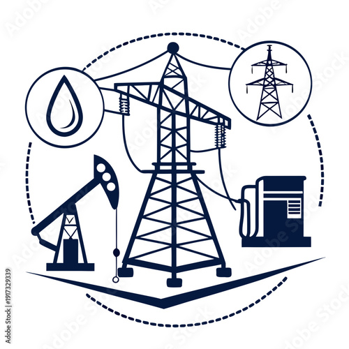 Energy security concept with oil rig power tower and gas pump