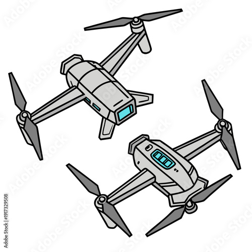 Gray defense drones with blue screens and propellers