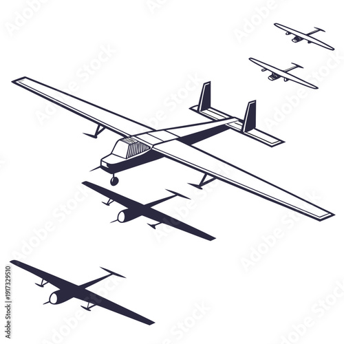 Of four unmanned aerial vehicles drones airplanes black and white