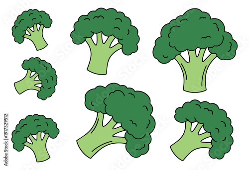 Hand drawn line art broccoli set featuring various green florets for healthy eating and cooking