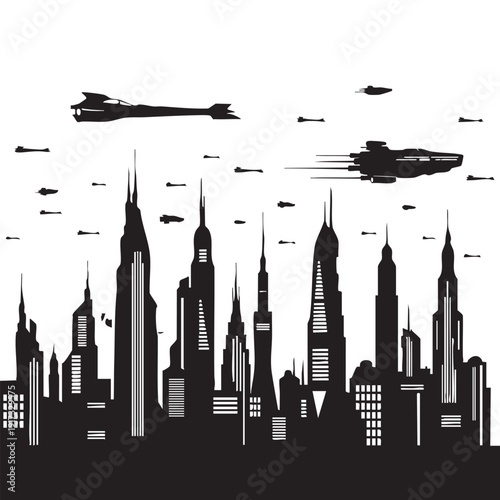 Futuristic Cityscape with Flying Vehicles Modern Urban Landscape Skyline with Advanced Aircraft and Skyscraper Architecture Imagined Future Metropolis